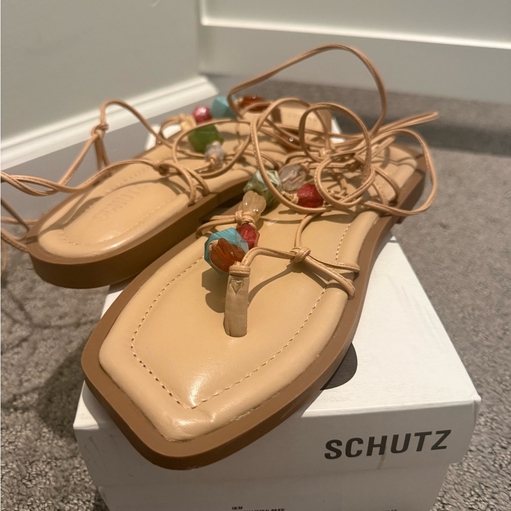 SCHUTZ Beige Sandals with Multicolor Beads